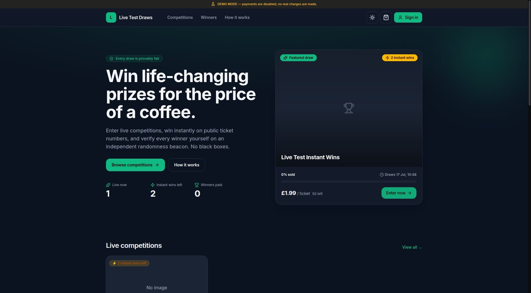 A hosted RaffleForge raffle storefront on a secure subdomain — build a competition website without WordPress