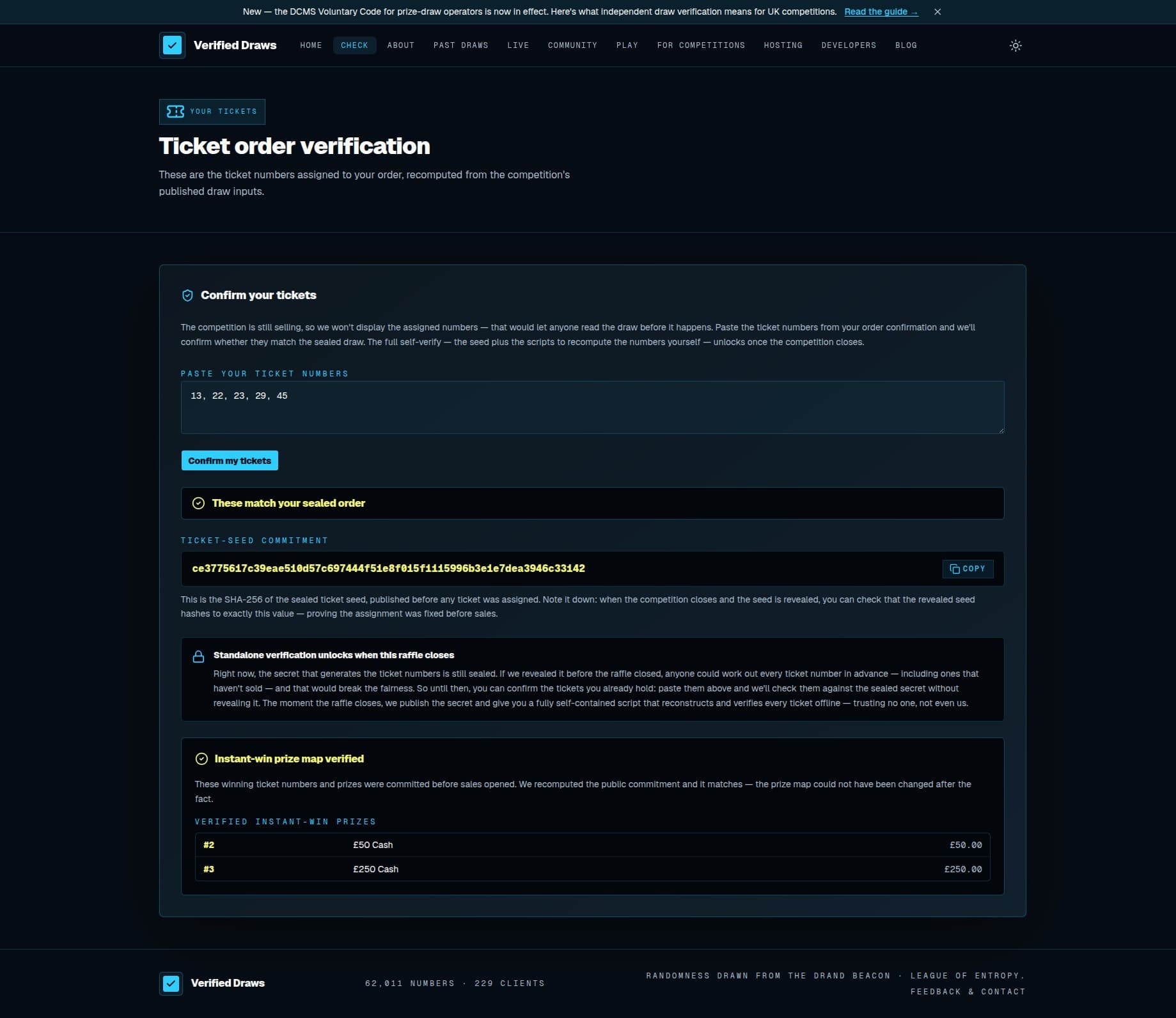 A green Verified Draws verification page — proving an instant win competition was fair