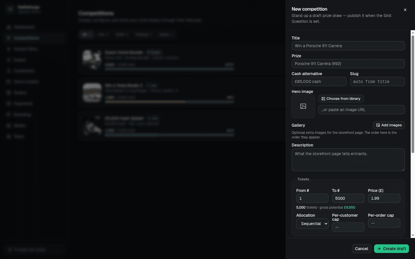 The RaffleForge competition builder for setting tickets, prizes, instant wins and the UK skill question