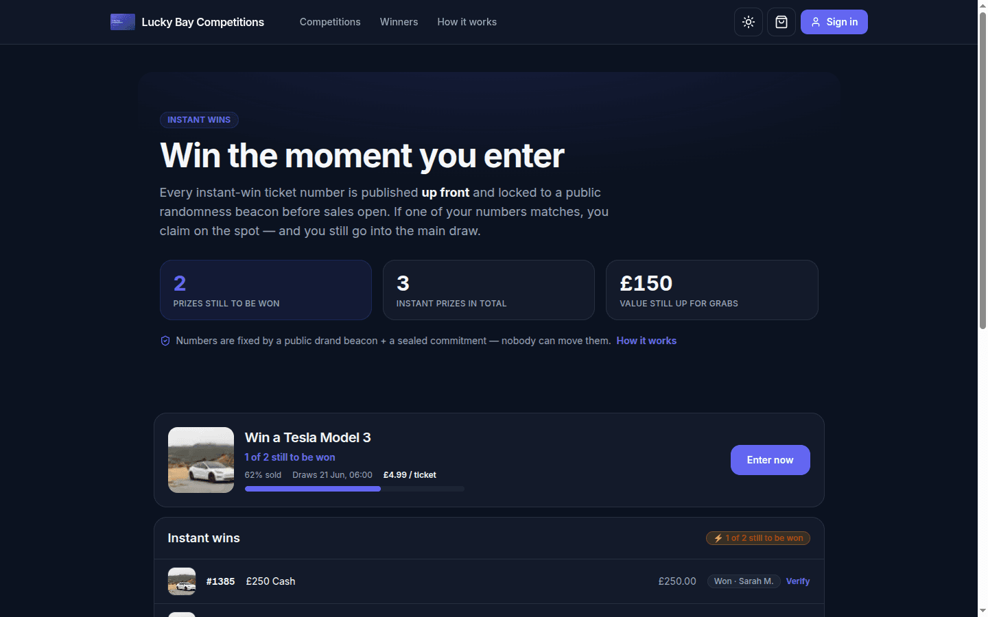 The RaffleForge instant-wins surface showing committed prize positions