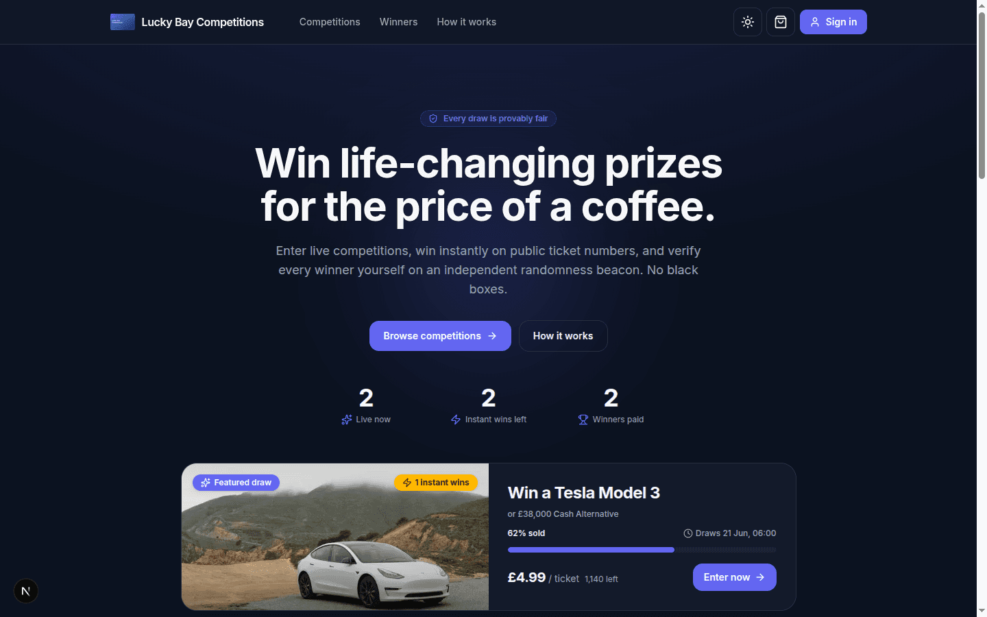A hosted RaffleForge raffle storefront home page on a secure subdomain