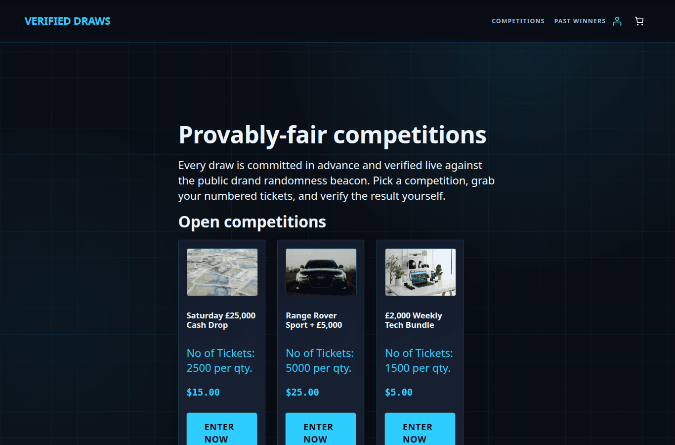 The Verified Draws themed competition home page listing three open competitions with prize photos and ticket details