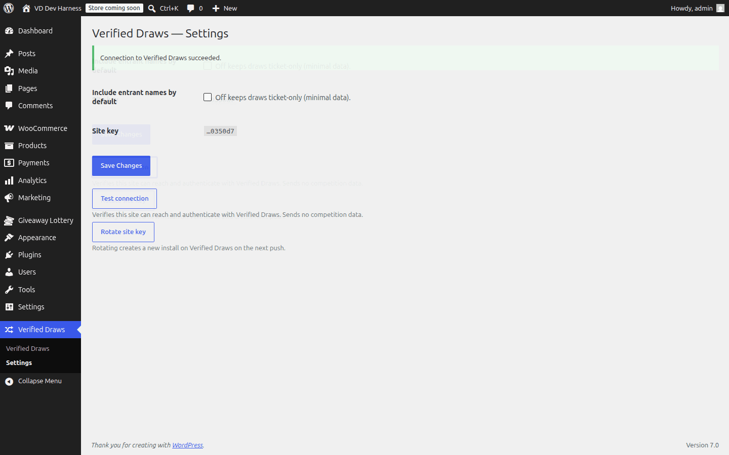 The Verified Draws settings screen showing a successful connection self-test