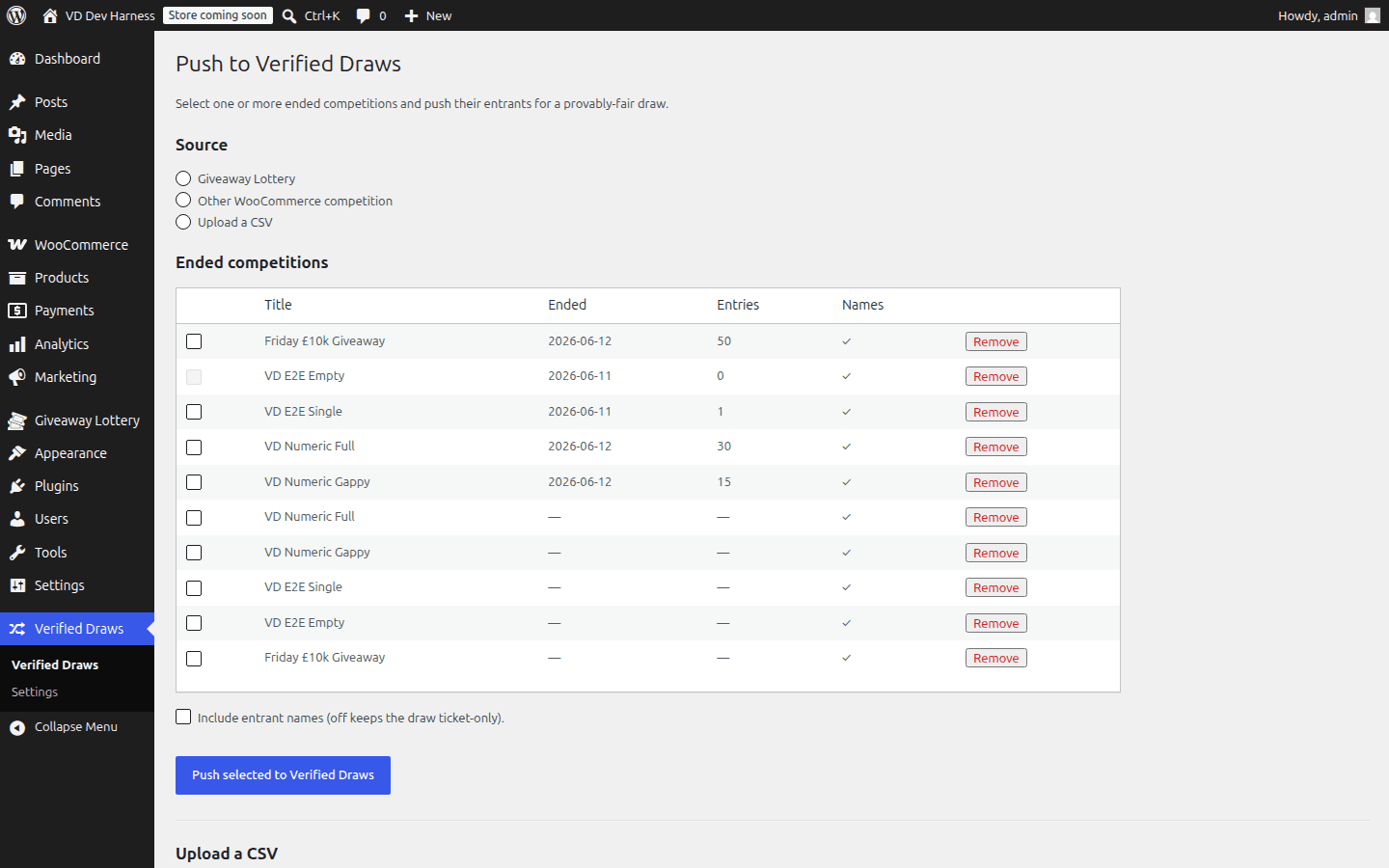 The competitions list with an ended competition selected and the push button highlighted