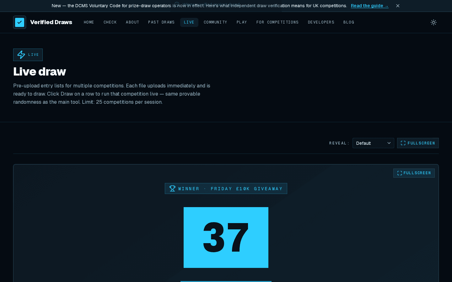The Verified Draws live draw screen revealing a winner