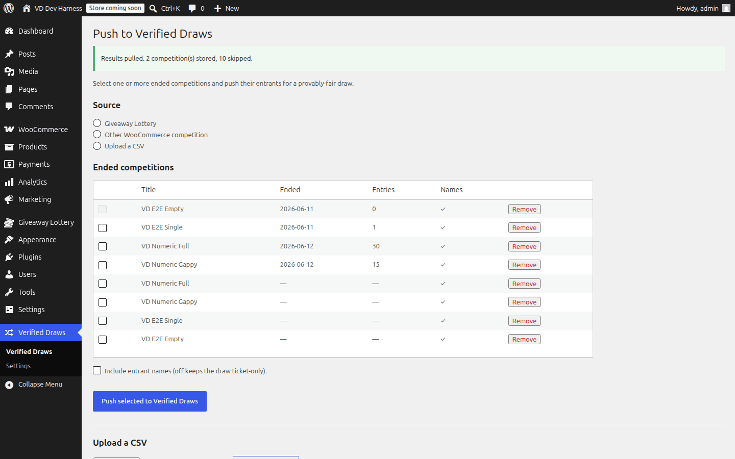 The Verified Draws plugin admin with the Pull verification results button