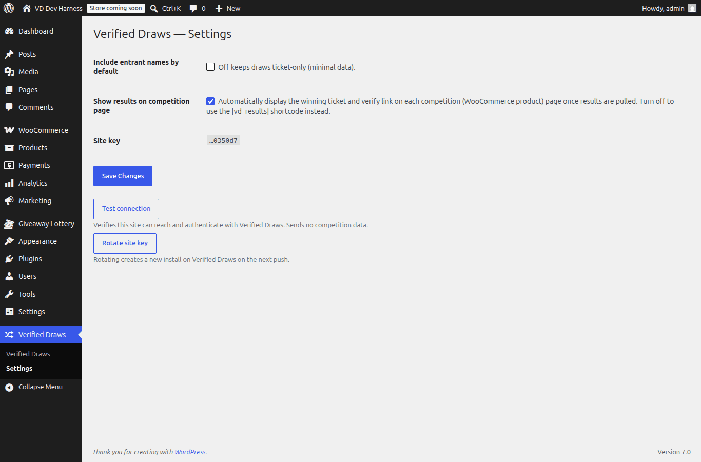 The Verified Draws settings screen with the Show results on competition page toggle switched on