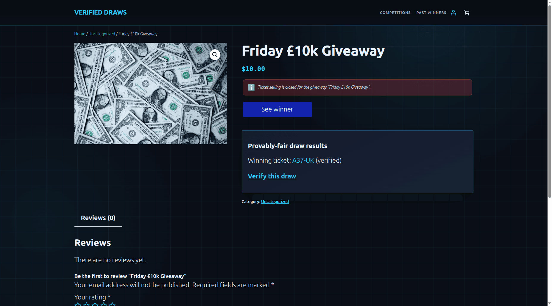 The live, themed competition product page showing the winning ticket A042-UK and a Verify this draw link