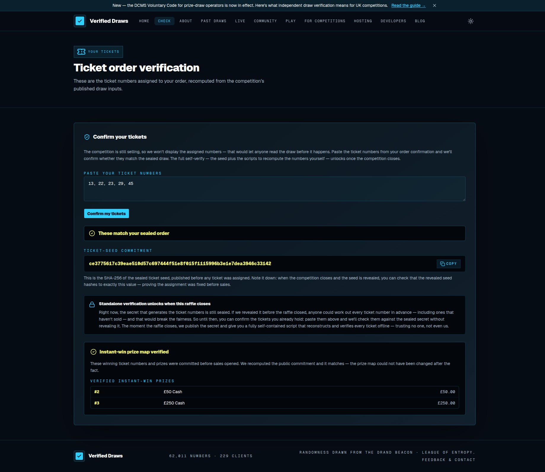 A Verified Draws verification page showing a GREEN, independently checkable draw result